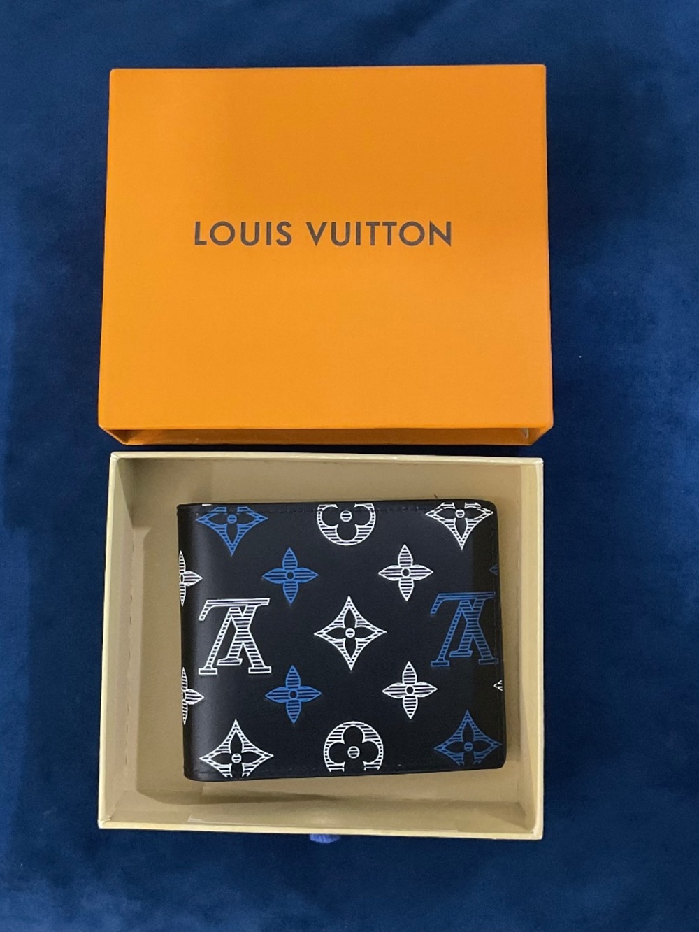 LOUIS VUITTON Portefeuille Multiple Bifold Wallet Monogram Shadow Navy W/ Box.